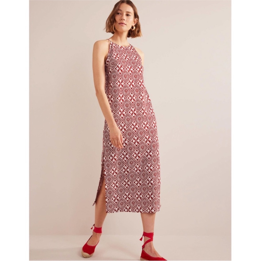 NWT Boden Racer Neck Cotton Midi Dress Poinsettia Red Geometric Print US 20-22R